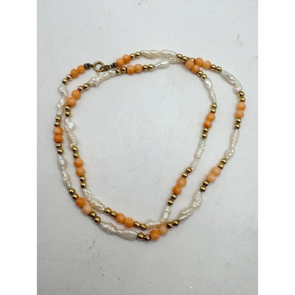 Vtg 14K Yellow Gold Angel Skin Coral Freshwater Pearl Necklace 19” Quiet Luxury